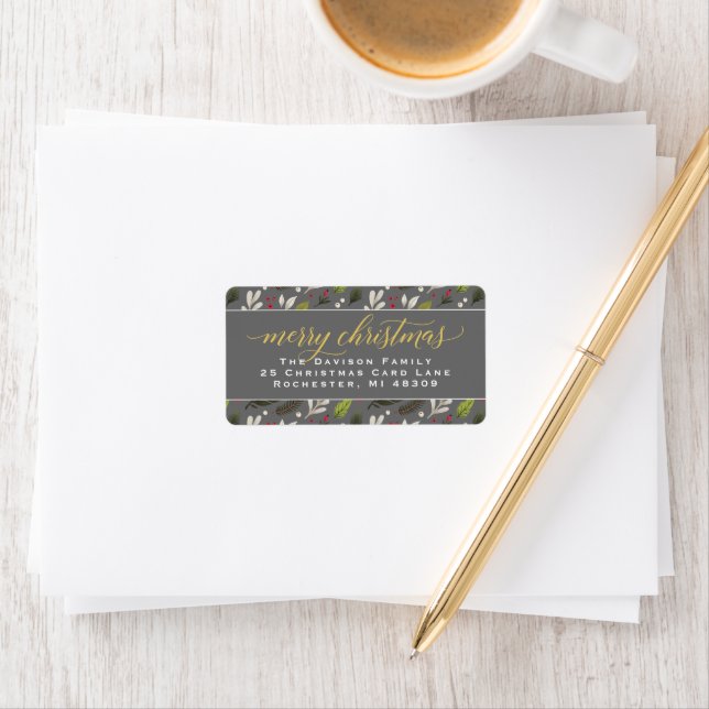 Merry Christmas Grey Gold Elegant Script Address Label (Insitu)