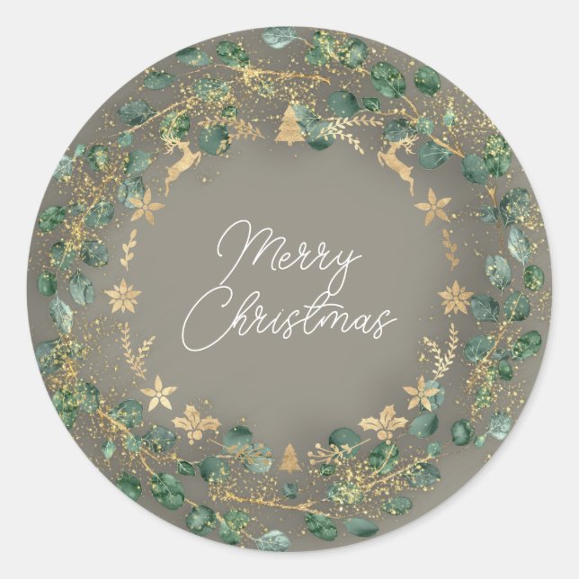 Merry Christmas Grey Green Wreath Woodland Gold  Classic Round Sticker (Front)