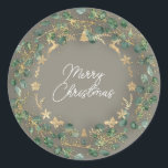 Merry Christmas Grey Green Wreath Woodland Gold  Classic Round Sticker<br><div class="desc">A Christmas Gift Sticker,  a little bit glam a little bit rustic 
A fusion of styles 
FlorenceKdesign</div>