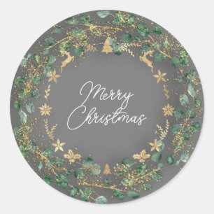 Merry Christmas Grey Green Wreath Woodland Gold   Classic Round Sticker