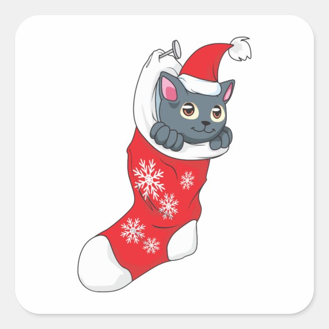 Merry Christmas Grey Kitten Cat Red Stocking Grey Square Sticker (Front)