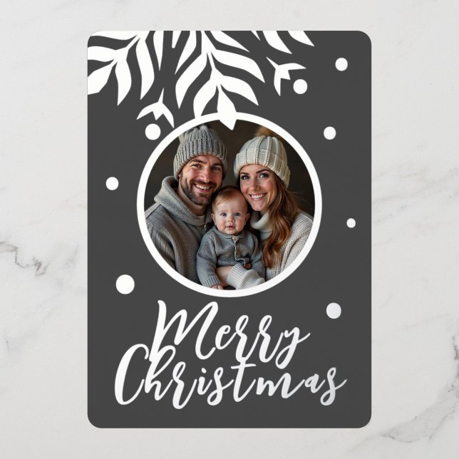 merry Christmas grey photo Foil Holiday Card (Front)