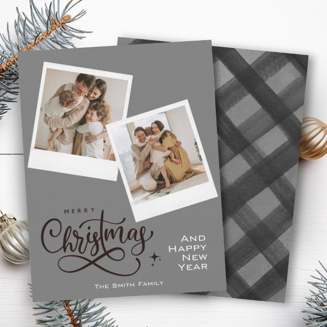 Merry Christmas Grey Plaid Holiday Photo Card (Creator Uploaded)