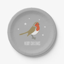Merry Christmas Grey Robin Bird Paper Party Plates