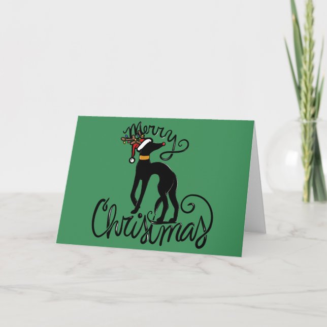 Merry Christmas Greyhound Reindeer Card (Front)
