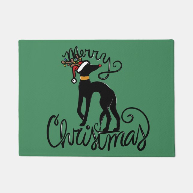 Merry Christmas Greyhound Reindeer Doormat (Front)