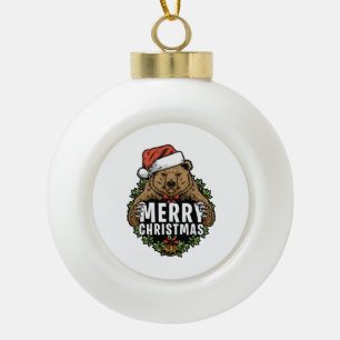 Merry Christmas Grizzly Bear Ceramic Ball Christmas Ornament