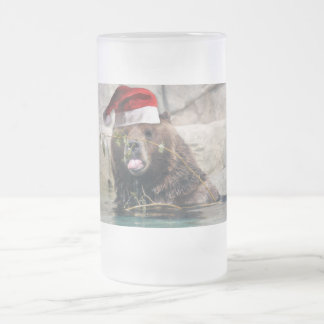 Merry Christmas Grizzly Bear Frosted Glass Beer Mug