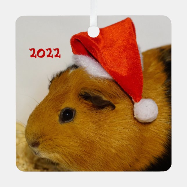 Merry Christmas Guinea Pig in a Santa Hat Metal Tree Decoration (Front)