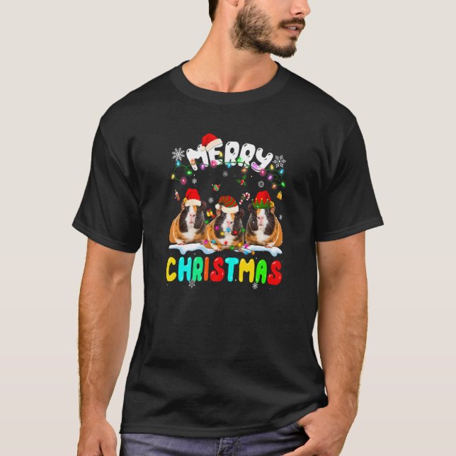 Merry Christmas Guinea pig  Santa Hat Xmas Light P T-Shirt (Front)