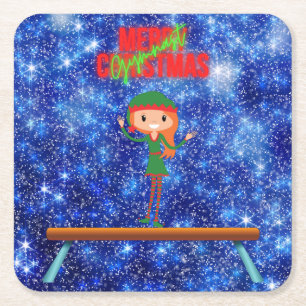 Merry Christmas Gymnast Elf Square Paper Coaster