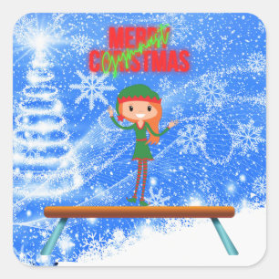 Merry Christmas Gymnast Elf Square Sticker