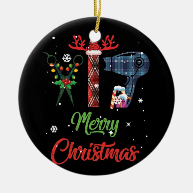 Merry Christmas Hairstylist Funny Tool Hairdresser Ceramic Tree Decoration (Front)