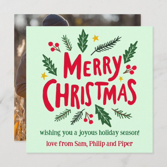 MERRY CHRISTMAS Hand-Drawn CUSTOM PHOTO  Holiday Card (Front/Back)