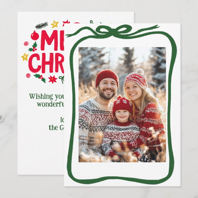 Merry Christmas Hand-Drawn CUSTOM PHOTO  Holiday Card (Front/Back)
