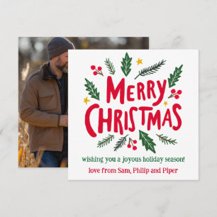 MERRY CHRISTMAS Hand-Drawn CUSTOM PHOTO Holiday Card