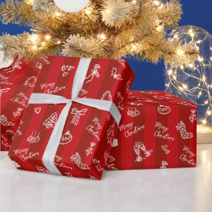 Merry Christmas Hand Drawn Doodle on Red Stripes Wrapping Paper