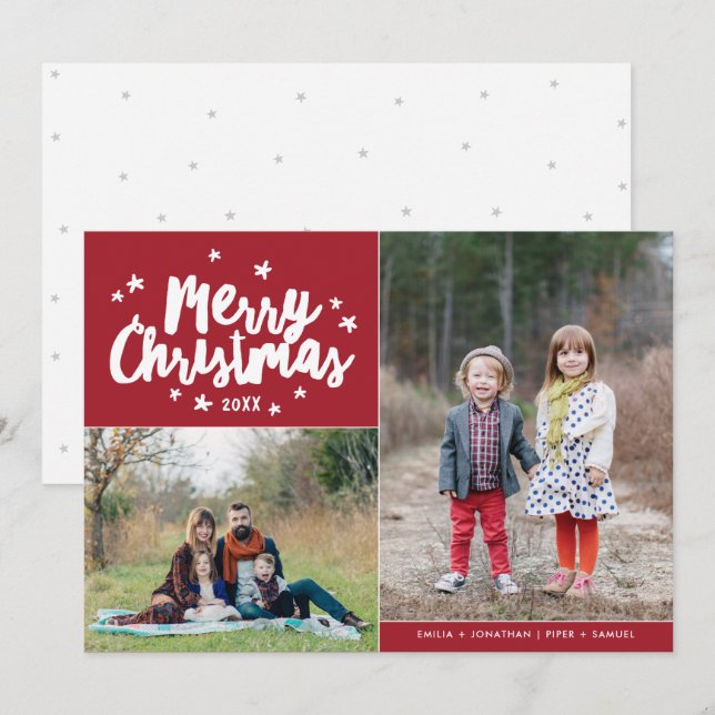 Merry Christmas Hand Lettered 2 Photo Holiday Card (Front/Back)