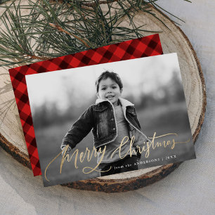 Merry Christmas Hand-Lettered Gold Script Photo Holiday Card