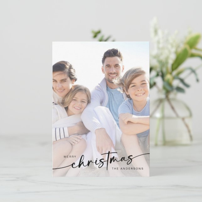 Merry Christmas Hand Lettered Photo  Holiday Card (Standing Front)
