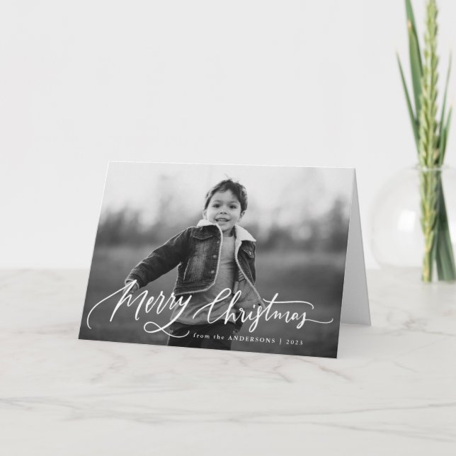 Merry Christmas Hand-Lettered Script 2 Photo Holiday Card (Front)