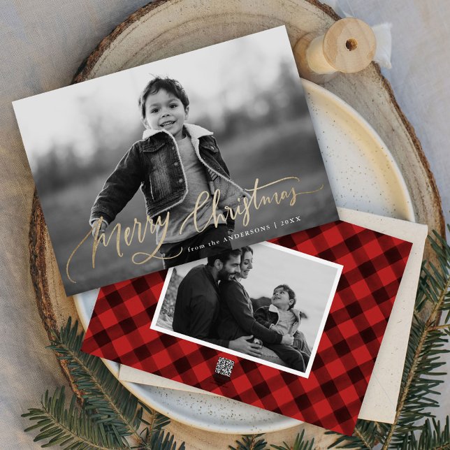 Merry Christmas Hand-Lettered Script 2 Photo Holiday Card (Creator Uploaded)
