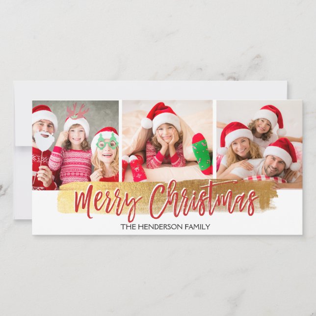 Merry Christmas Hand Lettered Script 3 Photo Card (Front)