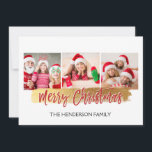 Merry Christmas Hand Lettered Script 3 Photo Card<br><div class="desc">Merry Christmas Hand Lettered Script Three Photos Card. The 3 photos and text of this hand lettered brush script can be updated and customised with your photo and family name. This card also displays the family name and a gold foil wreath on the back of the Christmas Card.</div>