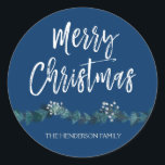 Merry Christmas Hand Lettered Script Christmas Classic Round Sticker<br><div class="desc">Merry Christmas custom Hand Lettered Navy Blue Script Sticker with watercolor garland. The family name text of this sticker can be updated and customised with your family name.</div>