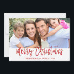 Merry Christmas Hand Lettered Script Photo Card<br><div class="desc">Merry Christmas Hand Lettered Script Photo Card. The photo and text of this hand lettered brush script can be updated and customised with your photo and family name. This card also displays the family name and a gold foil wreath on the back of the Christmas Card.</div>