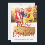 Merry Christmas Hand Lettered Script Photo Card<br><div class="desc">Merry Christmas Hand Lettered Script Photo Card. The photo and text of this hand lettered brush script can be updated and customised with your photo and family name. This card also displays the family name and a gold foil wreath on the back of the Christmas Card.</div>
