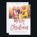 Merry Christmas Hand Lettered Script Photo Card<br><div class="desc">Merry Christmas Hand Lettered Script Photo Card. The photo and text of this hand lettered brush script can be updated and customised with your photo and family name. This card also displays the family name and a gold foil wreath on the back of the Christmas Card.</div>