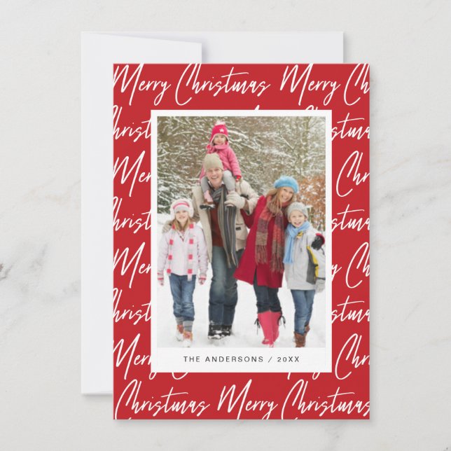 Merry Christmas Hand Lettered White Script Photo Holiday Card (Front)