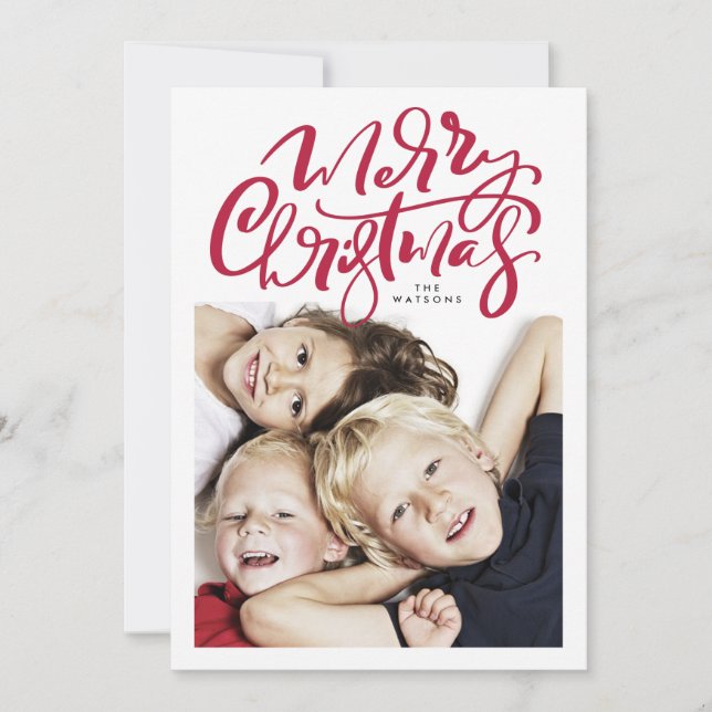 Merry christmas hand lettering in red Photo Holiday Card (Front)