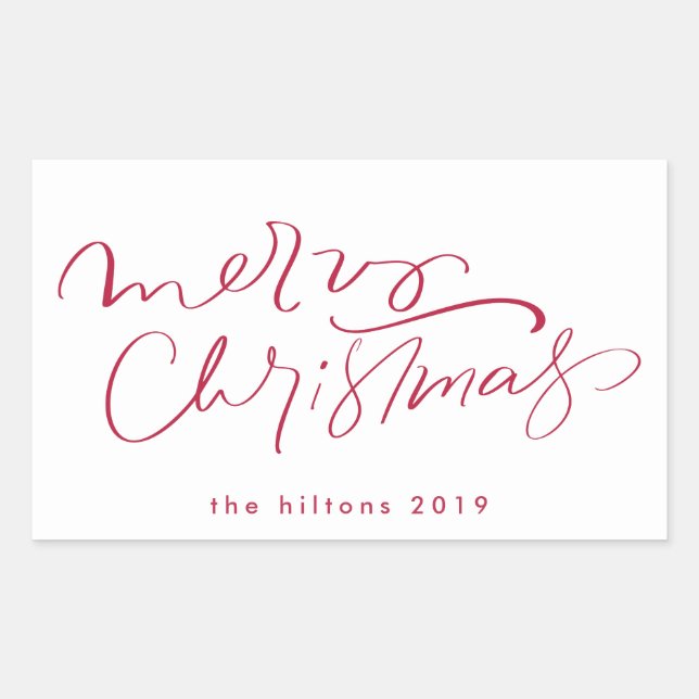 Merry christmas hand lettering in red rectangular sticker (Front)