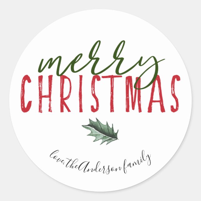Merry christmas hand lettering watercolor holly classic round sticker (Front)