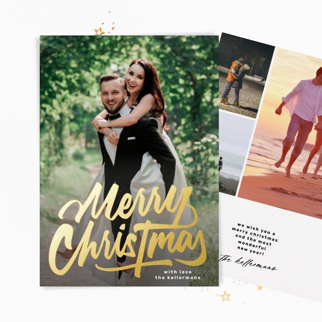 Merry Christmas Hand written photo collage Gold Foil Holiday Card (Creator Uploaded)