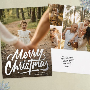 Merry Christmas Hand written photo collage Silver Foil Holiday Card