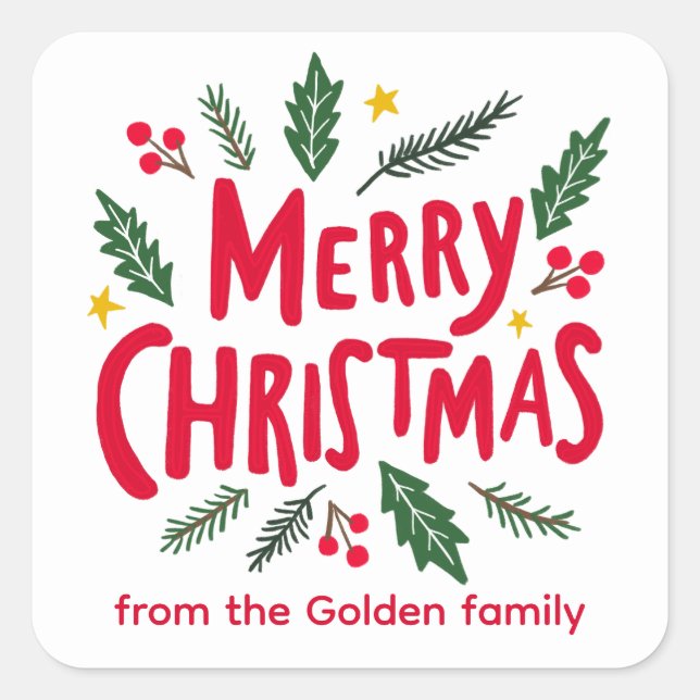 MERRY CHRISTMAS HandDrawn Holiday Whimsical CUSTOM Square Sticker (Front)