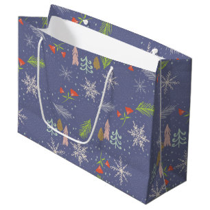 Merry Christmas Handdrawn Trees Snowflakes Flowers Large Gift Bag