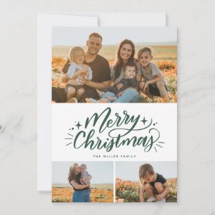 Merry Christmas Handlettered 3 Photo Collage Holiday Card