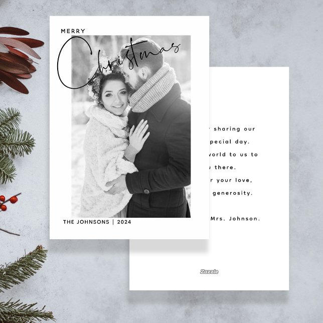 Merry Christmas Handlettered Photo First Christmas Holiday Card (Easily personalize this card with any favorite wedding photo, your personal message and name)