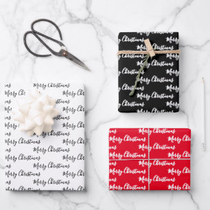 Merry Christmas  Handwriting White Black Red Wrapping Paper Sheet