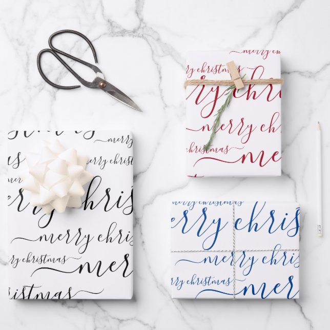 Merry Christmas Handwritten Calligraphy Script Wrapping Paper Sheet (Front)