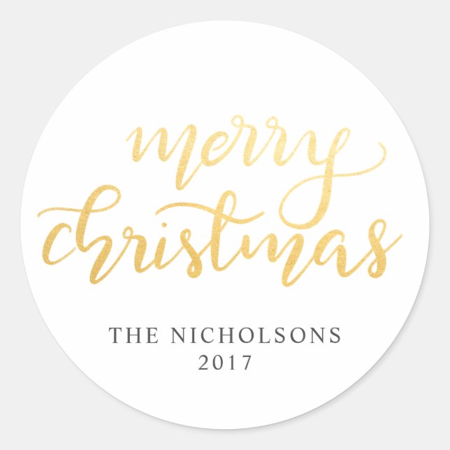 Merry Christmas Handwritten Faux Gold Foil Holiday Classic Round Sticker (Front)