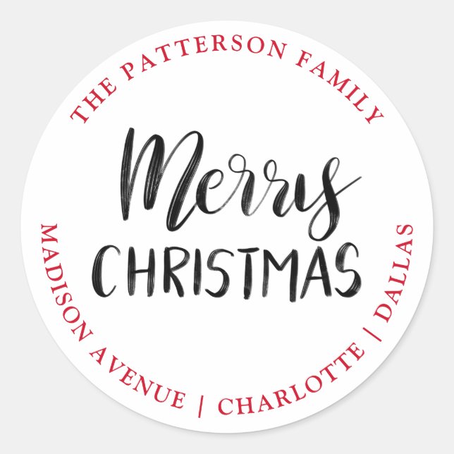 Merry Christmas Handwritten | Return Address Classic Round Sticker (Front)