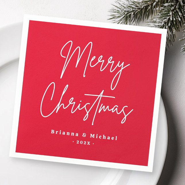Merry Christmas handwritten script custom name red Napkin (Merry Christmas handwritten script custom name red Napkins)