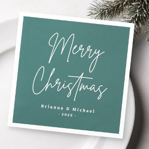 Merry Christmas handwritten script name pine green Napkin