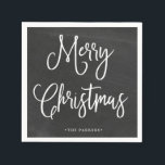 Merry Christmas | Handwritten Script on Chalkboard Napkin<br><div class="desc">These simple and trendy holiday paper napkins say "Merry Christmas" in rustic,  white handwritten script on a black,  chalkboard look background.</div>
