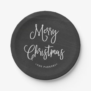 Merry Christmas   Handwritten Script on Chalkboard Paper Plate